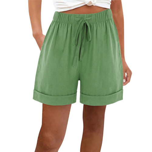 Grüne Leinenshorts für Damen mit elastischem Bund und Taschen 1