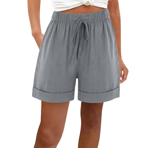 Damen-Leinenshorts, grau, elastischer Bund mit Taschen 1