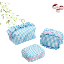 Ruffle Pouch Bag Set 3PCS Gingham Quilted Toiletry Bags