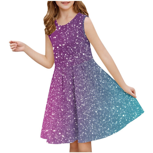 Robe d'été sans manches à sequins pour filles, col rond, coupe ajustée