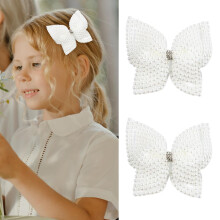 White Pearl Rhinestone Bow Hair Clips for Women 2PCS