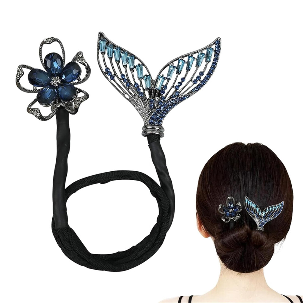 Rhinestone Flower Hair Clip Ocean Blue Whale Tail Bun Maker