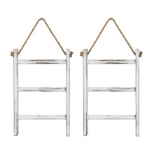 2X Wall-Hanging Towel Ladder Rustic Whitewashed Wood Countertop Ladder Farmhouse Decor Towels Rack with Adjustable Rope