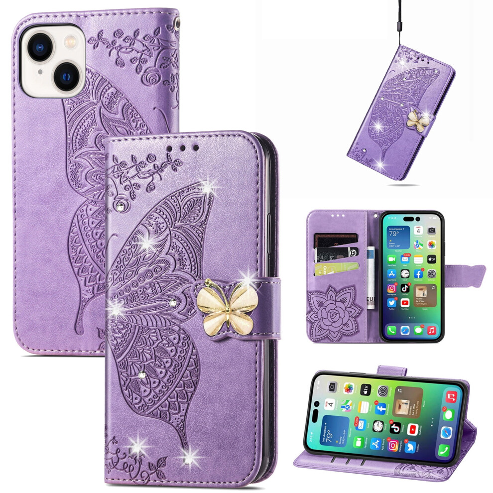Iphone 15 Plus Wallet Case Pu Leather Floral Bling Design 9023022327680