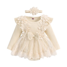 Baby girl romper dress with lace and flowers beige 9-12