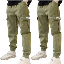 Boys Casual Cotton Cargo Pants 2-Pack Elastic Waist