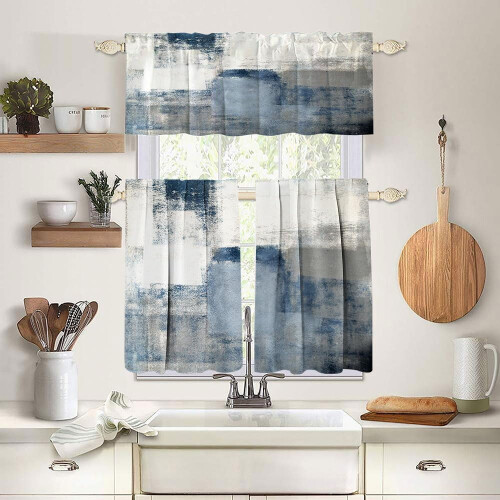 Abstract Blue Grey Tier Curtains 3-Pack for Standard Windows