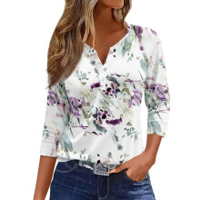 Women's Blouse Summer Flower Print V-Neck 3/4 Sleeve