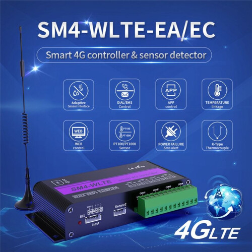 SM4-WLTE 4G Wireless GSM SMS Remote /OFF  Controller 4 Relays APP Remote Control Temperature Sensor-EU Plug