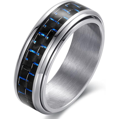 Carbon Fiber Spinner Ring 8mm Black Blue Silver Stainless