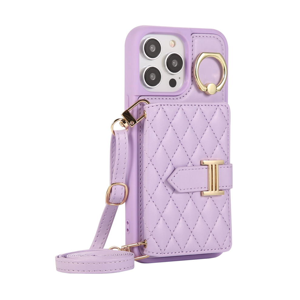 Pu Leather Crossbody Wallet Case For Iphone 14 Pro Purple 941196122483