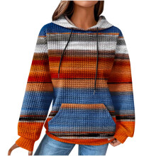 Women's Waffle Knit Hoodie Rainbow Drawstring Long Sleeve