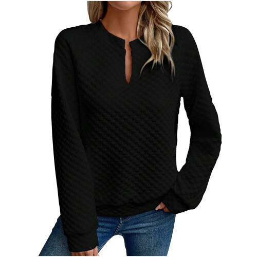 Women's Quilted Pullover Sweatshirt V-Neck Long Sleeve