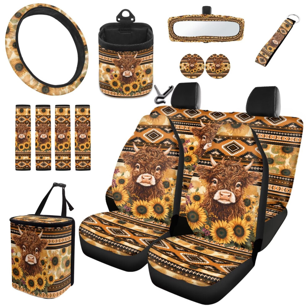 Tribal Sunflower Highland Cow Car Accessories Set 15 Pcs 9170372656950