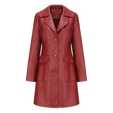 Γυναικείο δερμάτινο trench coat σε κόκκινο κρασί XXXL