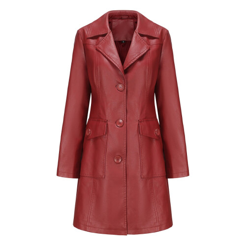 Γυναικείο δερμάτινο trench coat σε κόκκινο κρασί XXXL