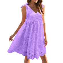 Robe d'été violette pour femme, taille XXL, broderie œillet, col en V