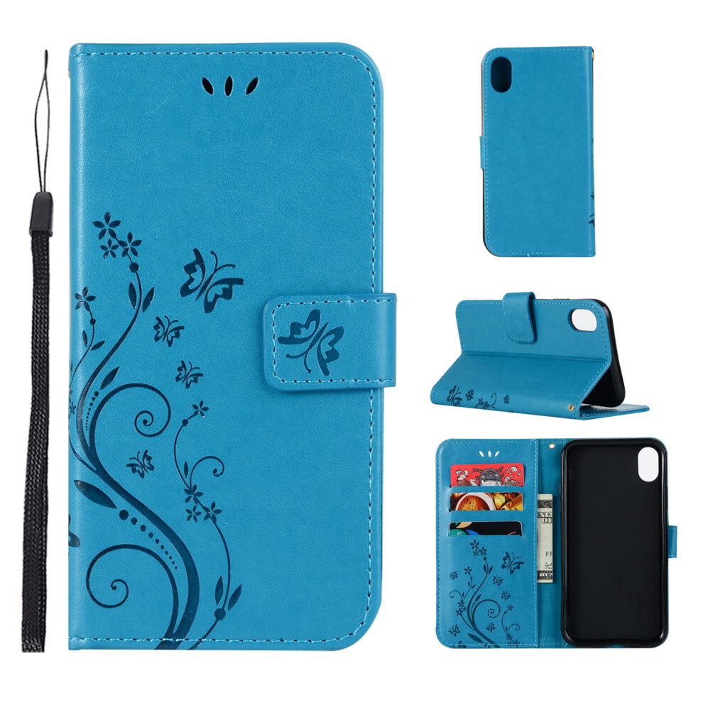 Iphone Xs Max Wallet Case Embossed Flower Butterfly Blue 9087558953751