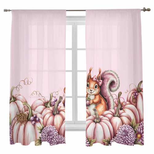 Pink Pumpkin Squirrel Voile Curtains 52x63 in, Light