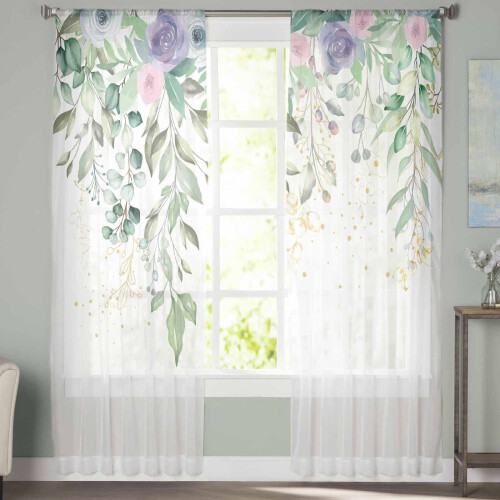 Lilla akvarel transparente gardiner 132x182 cm, eukalyptus
