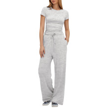 Conjunto de moletom feminino com blusa franzida e calça de cintura alta, cinza, tamanho P.