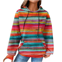 Women's Waffle Knit Hoodie Rainbow Drawstring Long Sleeve
