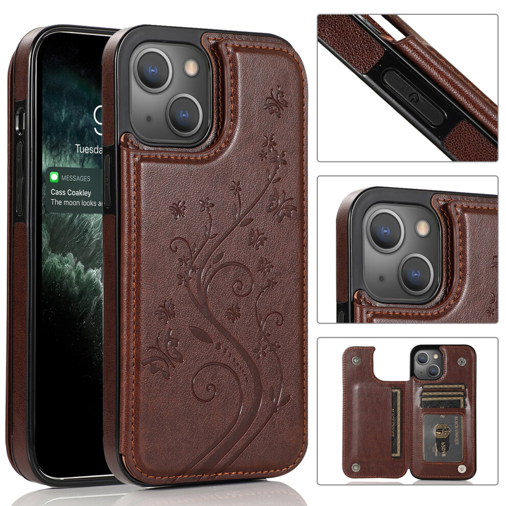 Iphone 14 Wallet Case Pu Leather Embossed Butterfly Brown 9087558952082