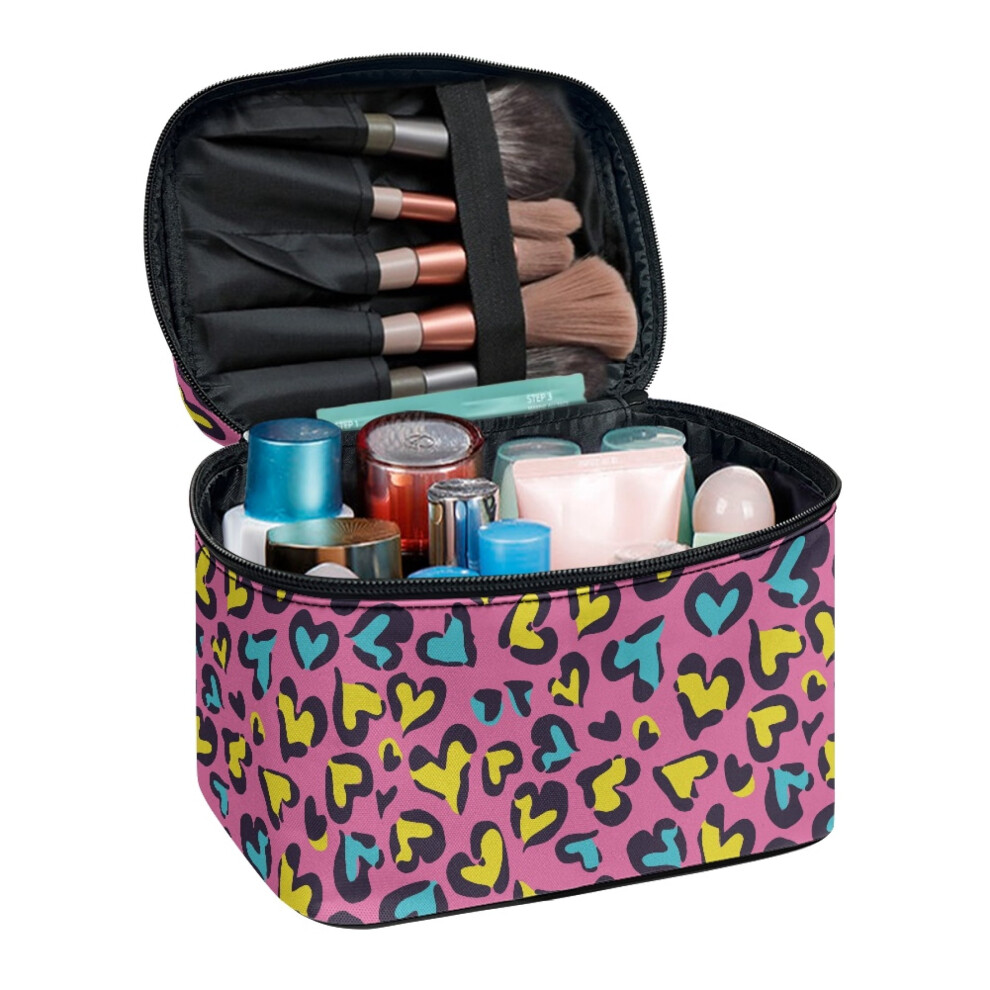 Heart-shaped leopard print makeup bag with brush slots and