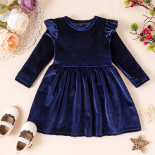 Girls Velvet A-line Dress with Ruffle Long Sleeves