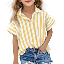 Kids Cotton-Linen Tops with Vertical Stripes and Lapel