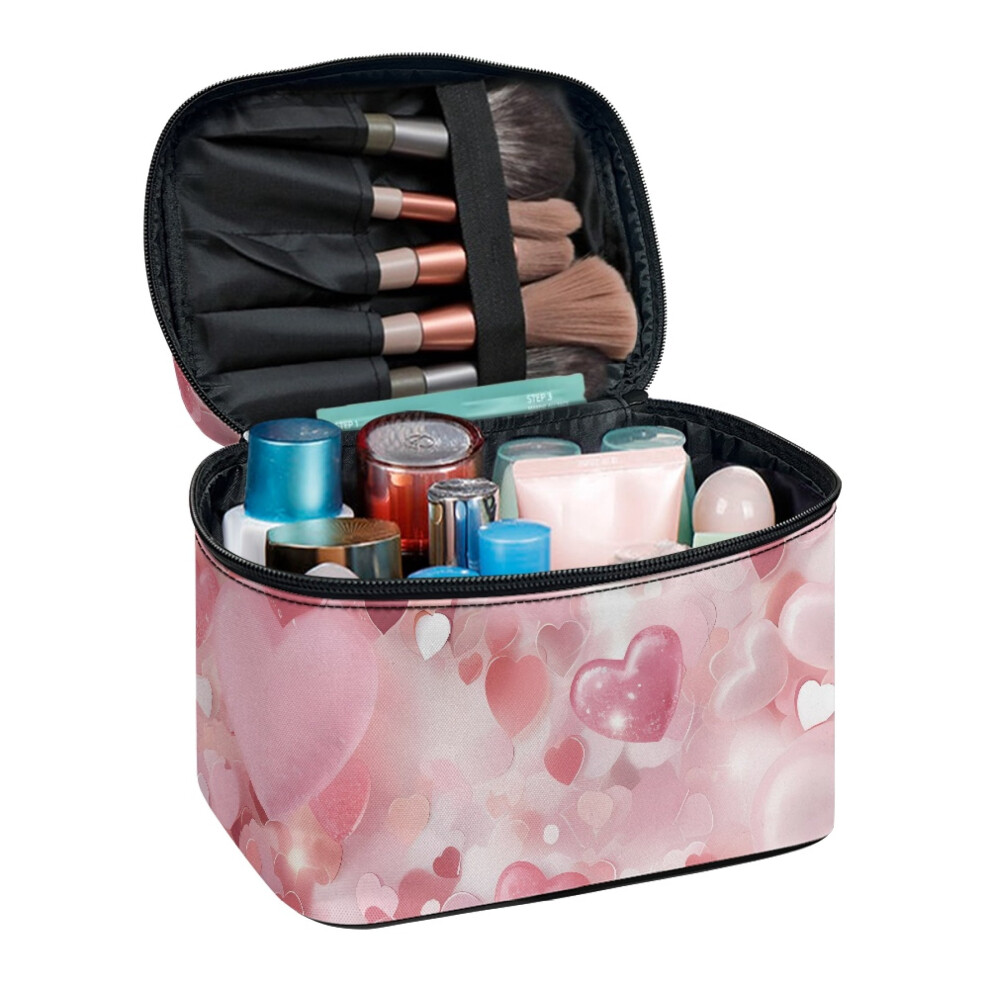 Cosmetic Toiletry Bag with Brush Slots Pink Heart Design