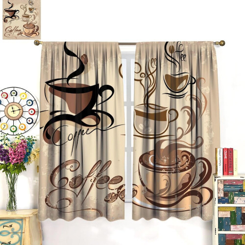Coffee Theme Rustic Kitchen Curtains 2 Panels 84x84 inch 2