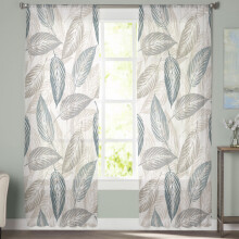 Sheer Curtains Abstract Blue Gray Leaves on White 52x108