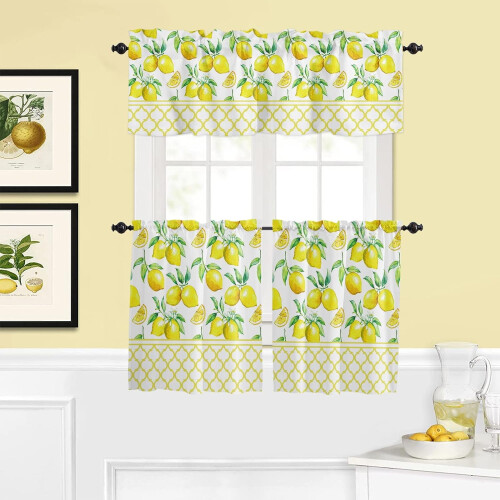 Lemon Moroccan Plaid Kitchen Curtain Set 3-Piece