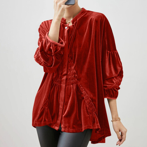 Blusa feminina de veludo com decote em V e mangas compridas