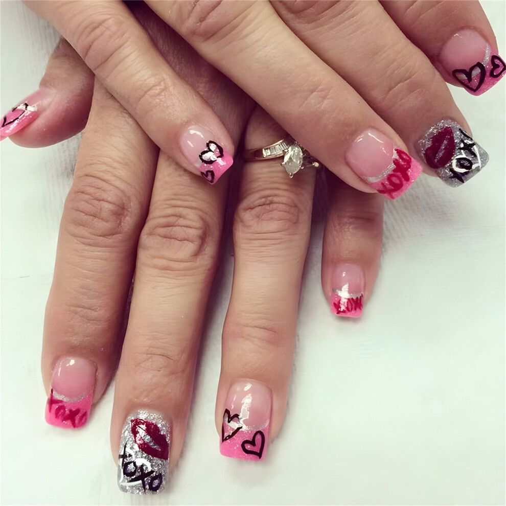 Valentine's Day French Tip False Nails with Heart and Lip