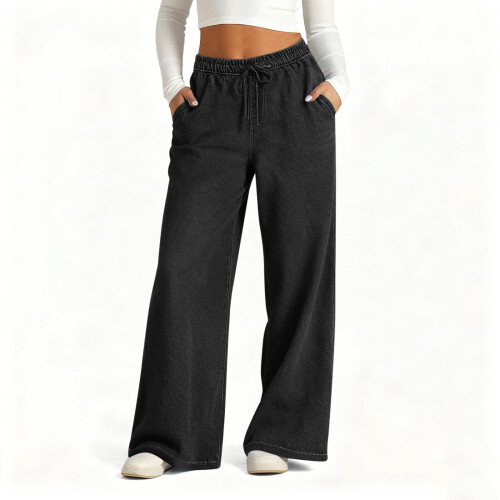 Damesbroek met elastische tailleband, denimlook, en twee zakken