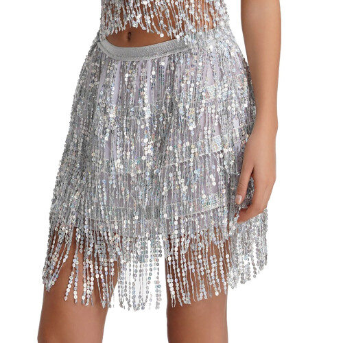 Pailletten-Fransenrock für Damen, Silber, XL