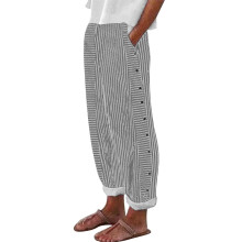 Women's White Cotton-Linen Capris Striped Elastic High