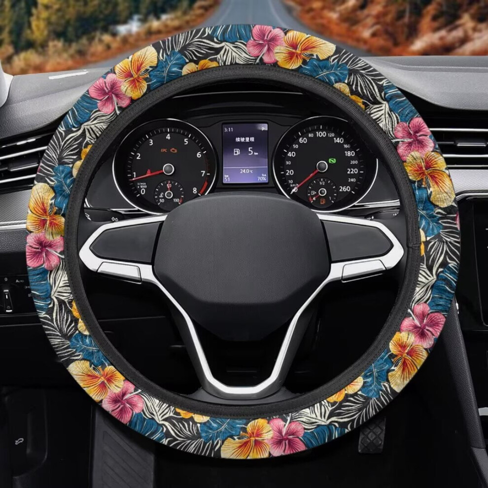 Hibiscus Steering Wheel Cover 15 Inch Fuzzy Leaf Print 9180435749239