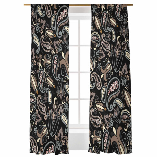 Transparente gardiner i retro, abstrakte blomster, paisley-design, sort