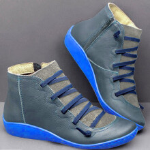 Women's Leather Retro Lace-Up Booties with Side Zipper Blue