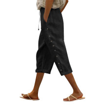 Women's Cotton Linen High Waist Straight Leg Pants Black