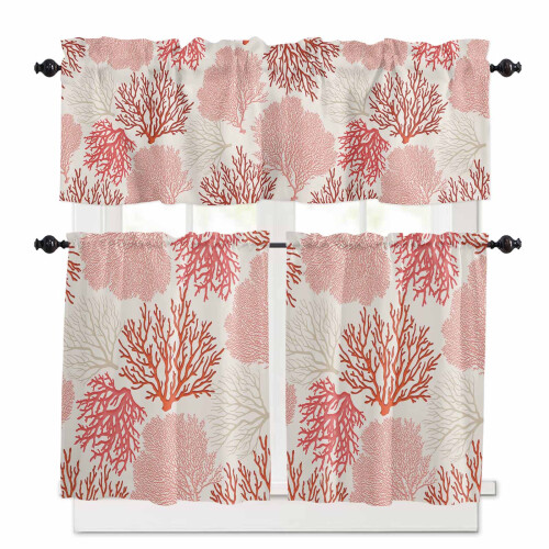 Coral Kitchen Curtains and Valances Set Red Pink 3-Pc