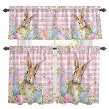 Easter Rabbit Kitchen Curtains Set Spring Floral Pink Plaid