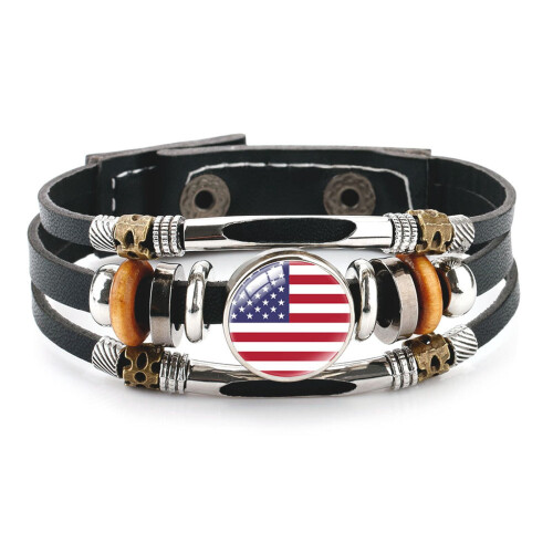 Leather Bracelet Country Flag Multi-Layer Black Cowhide