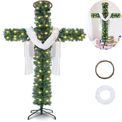 Foldable Cross-Shaped Christmas Tree 5ft or 6ft Pre-Lit LED