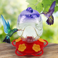 Hand Painted Stained Glass Hummingbird Feeder with 4 Flower