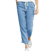 Women's Casual Cotton-Linen Drawstring Pants Blue XXXL