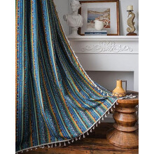 Bohemian striped cotton linen curtain panel with lace rod